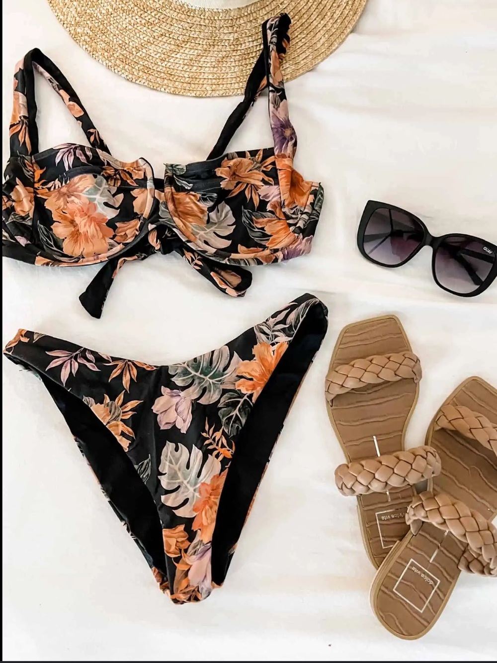 l*space Black Bikini Top with Orange and Pink Floral Accents M/L